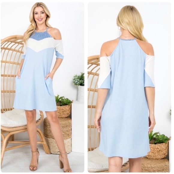 Leopard Detail Blue & White Cold Shoulder Dress Pockets S - Picture 1 of 14